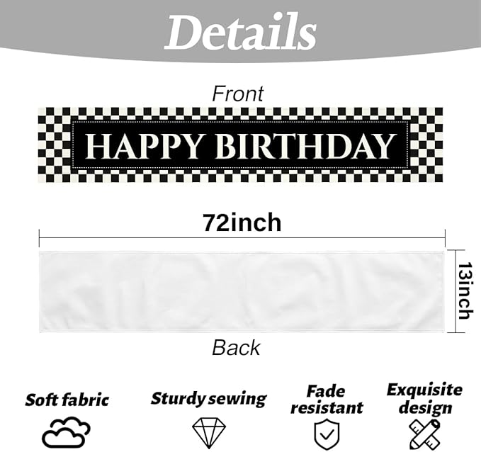 Black Checkered Happy Birthday Table Runner, Black and White Checkerboard Birthday Party Decorations 13x72 Inches Long Table Decor Suppliers for Home Racing Theme Party Decor