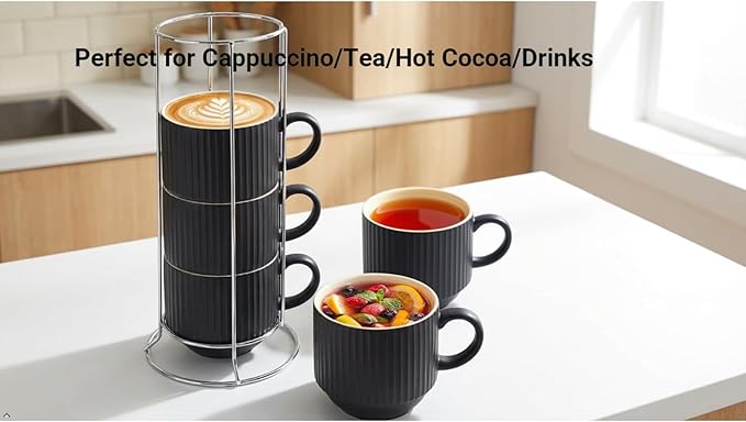 HASENSE Coffee Mug Ceramic Set of 4 with Stand, Stackable Large Latte Cups with Metal Stand, Dishwasher & Microwave Safe, Black for Cappuccino Tea Hot Cocoa