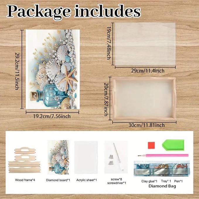 DIY Diamond Serving Tray Rectangular Breakfast Tray with Handle Handmade Diamond Art Painting Wooden Tray for Dinner Plate Coffee Room Living Home Organizer-Shell