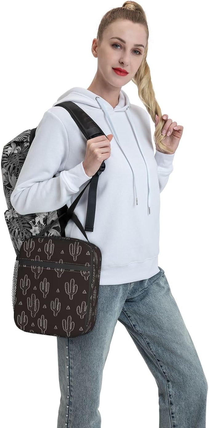 Black Cactus Fun Western Insulated Lunch Bag Portable Reusable Zipper Lunch Box For Men Women Work Picnic Travel Camping