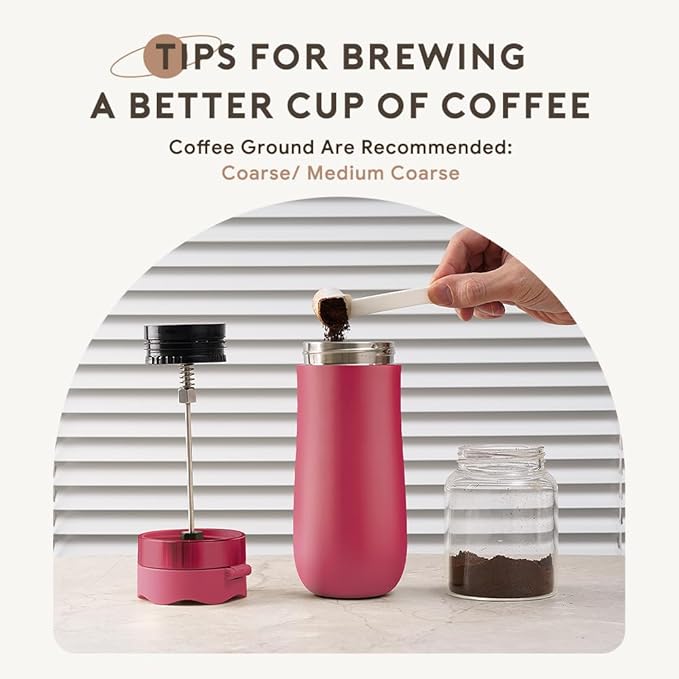 Travel Coffee Press, Vacuum Insulated Portable French Press, Stainless Steel Portable Coffee Maker/Tea Press, 12oz, Rose Red