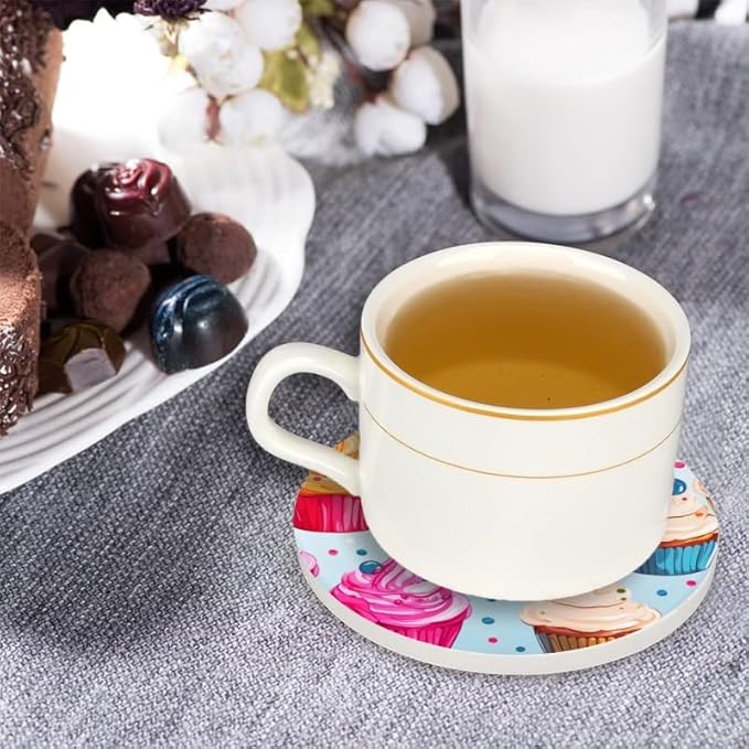 Ceramic Stone Coasters for Drinks Set of 1, Cupcakes Cute Round Absorbent Cup Coasters Protection for Coffee Table Kitchen Counter Decor (4 * 4 Inch)