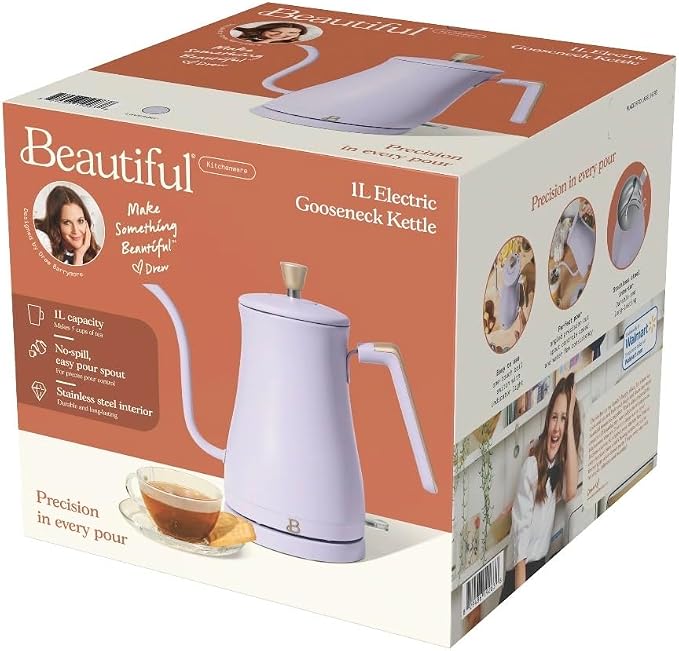 Beautiful Electric Gooseneck Kettle, 1 Liter, 1200W, Stainless Steel Interior, Fast Boil, Precision Pour Spout, Auto Shut-Off & Boil-Dry Protection