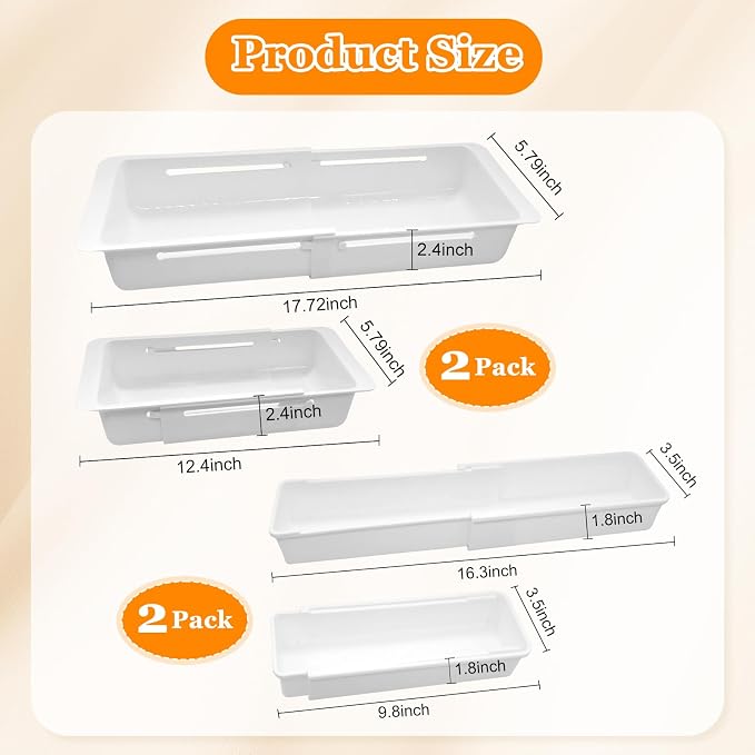 2 Pack Hanging Expandable Drawer Organizer with 2 Pack Non-Hanging Sliding Adjustable Storage Trays for Kitchen, Bathroom, Office, White