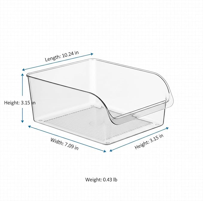 Refrigerator Storage Bin for Organization, Clear PET Plastic Food Container with Handles, Slide-Out Organizer Box for Fridge Shelves, Pantry, and Countertop, 10.2 x 7.1 x 3.1 Inches