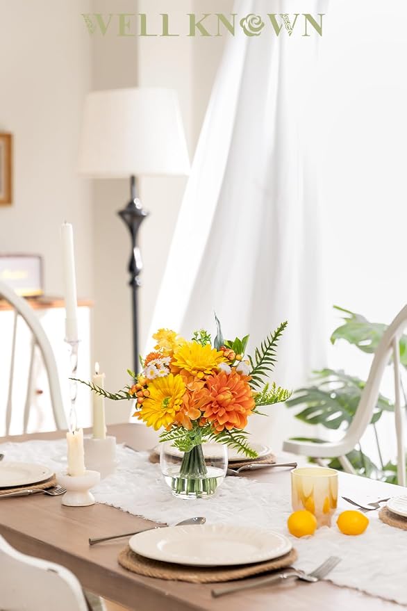 Artificial Flowers in Vase with Fake Water, Faux Silk Dahlia & Gerbera Daisy Flower Arrangements for Spring & Summer Home Wedding Birthday Wedding Party Dining Table Decor & Gift (Yellow & Orange)