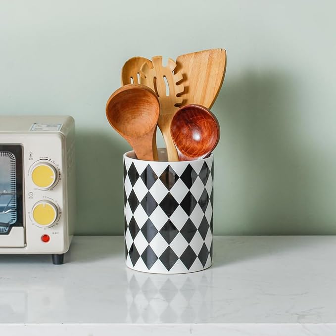 Kitchen Utensil Holder, 6.3 Inch Checkered Large Ceramic Cooking Utensil Holder Modern Utensil Crocks for Kitchen Counter-Farmhouse, Housewarming Gift, Decor and Accessories (Diamond Black, 6.3 Inch)