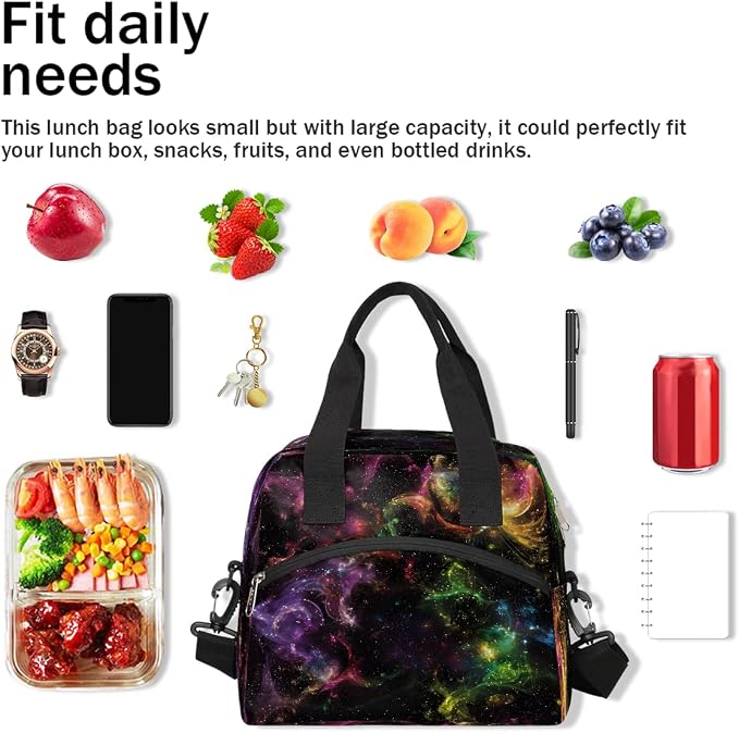 Pardick Galaxy Colorful Insulated Lunch Bag for Women Girl Reusable Lunch Tote Box With Shoulder Strap Lightweight Thermal Cooler Meal Prep Bag for Work School Office Picnic