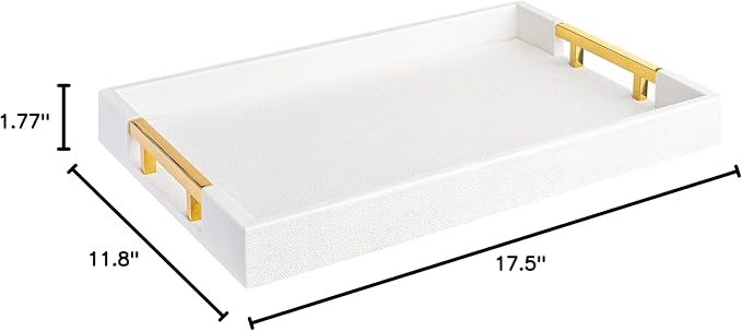 Home Redefined Modern Elegant 17.5"x12" Rectangle Glossy Faux Leather Shagreen White Decorative Serving Tray with Gold Polished Metal Handles for Ottoman Coffee Table Perfume
