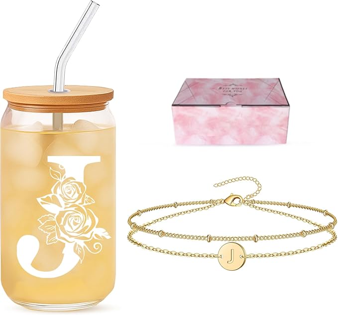 Friendship Gifts for Women, Initial Glass Cup and Bracelet Gift Set, Personalized Ready to Gift Letter Gift for Bestie, Women Friends and Special Occasions