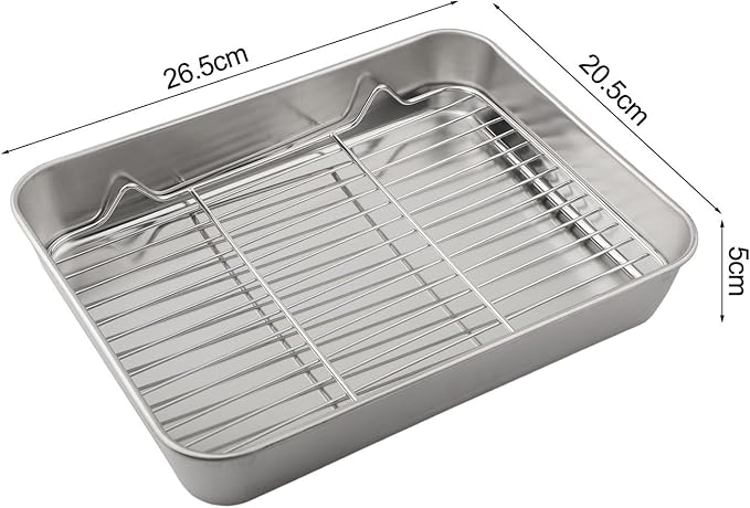 Stainless Steel Baking Pan Tray Set with Cooling Rack for Baking Roasting BBQ Cookies Vegetables Cakes Dishwasher Safe Oven Safe Rust-Resistant Mirror Finish Suitable Size for Kitchen Use(26x20x5cm)