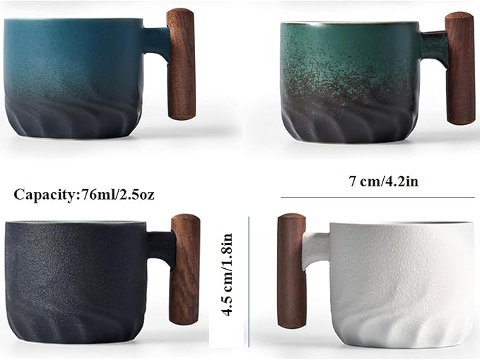 2.5oz Ceramic Espresso Cups with Wooden Handle, Chinese KungFu Tea Cup, Coffee Cups Set of 4 (Black/White)