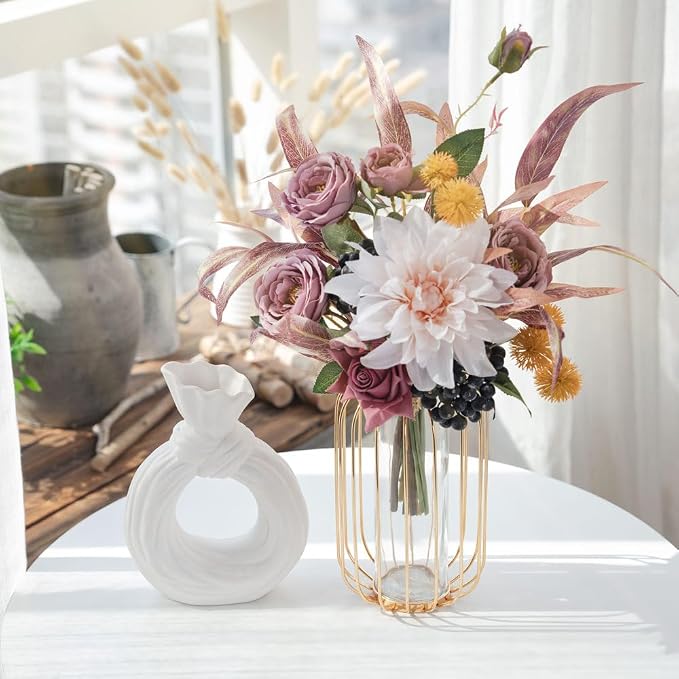 KIRIFLY Artificial Fake Flowers Silk Rose Flower Arrangements Wedding Bouquets Decorations Plastic Floral Table Centerpieces Home Kitchen Garden Party Décor (Purple White)