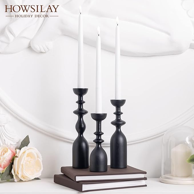 HOWSILAY Wood Candle Holders for Table Centerpiece Black Candlestick Holders - Rustic Candle Stick Candle Holder fits 3/4" or 7/8" Taper Candle and Dia 1.5" Led Tea Lights Candles or Pillar Candles