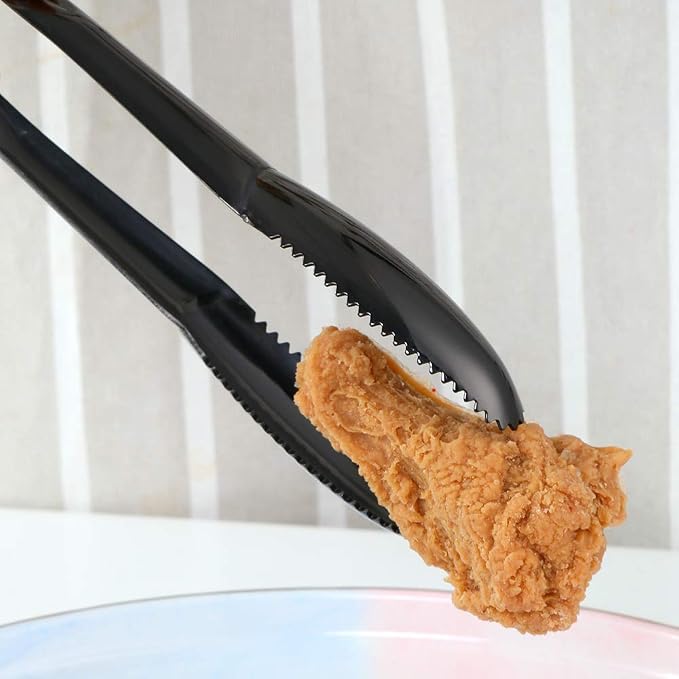 Stainless Steel Cooking Tongs for Frying, 9 Inches Serving Tongs Appetizers Charcuterie with Teeth for Parties, Food Tongs Kitchen Tongs for Nonstick Cookware, Set of 2 (Black)