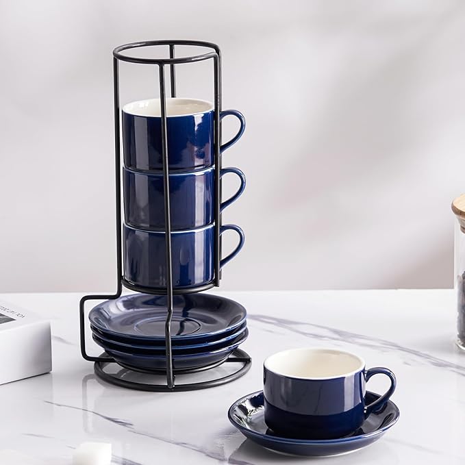 2.5oz Espresso Cups Set of 4, Porcelain Stackable Espresso Cups with Saucers and Metal Stand Set, Blue Expresso Shots Cup Set