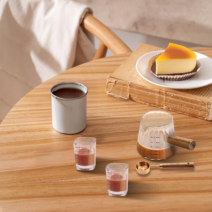 3 Pcs Espresso Shot Glass with 15ml Coffee Measuring Spoon, Single Spout Glass Measuring Cup with Wood Handle, Espresso Shot Cups with Dual Scale for Coffee Milk (6.0oz, 2oz)