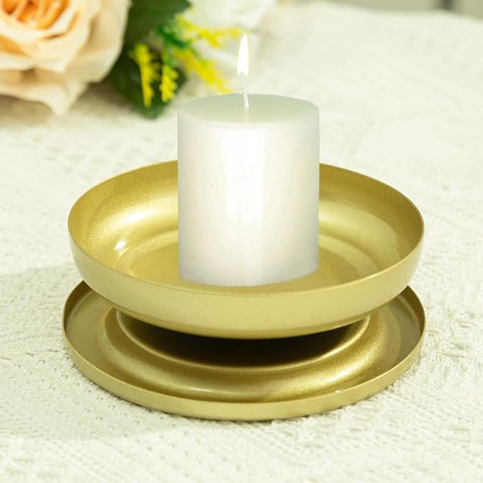 Gold Iron Plate Candle Holder, Golden Metal Pillar Candle Plate with Spike, Easy Candle Installation Ideal for Wax & LED Candle Gardens, Spa, Aromatherapy, Wedding, Party