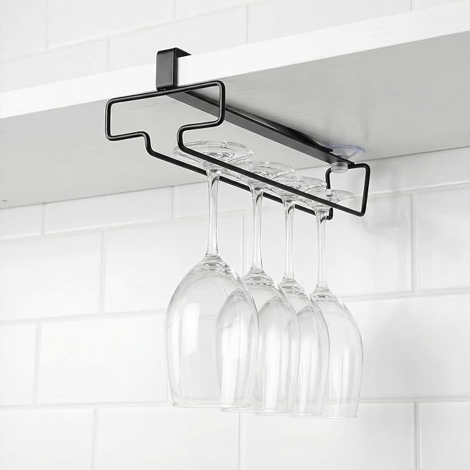 4 Pcs Wine Glass Holder, Stemware Rack Hanger Under Cabinet Wine Glass Rack Kitchen Hanging Glasses Storage Rack Organizer, Black