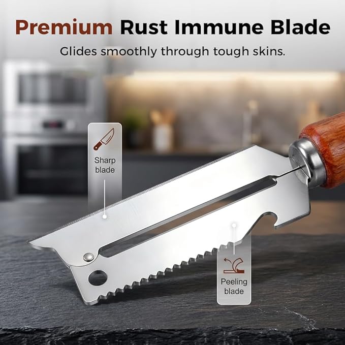 2-in-1 Vegetable Peeler with Wooden Handle – Stainless Steel Wide Blade for Potato, Carrot,Fruit, Multi-Purpose Kitchen Gadget with Built-in Bottle Opener, fit Home, Camping & Travel (3PCS)