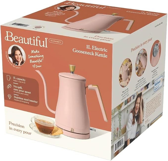 Beautiful Electric Gooseneck Kettle, 1 Liter, 1200W, Stainless Steel Interior, Fast Boil, Precision Pour Spout, Auto Shut-Off & Boil-Dry Protection (Pink)