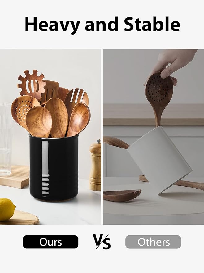 ABRUTY Utensil Holder, 6.7" Ceramic Kitchen Utensil Crock for Countertop Cooking, Modern Utensil Caddy Jar Organizer for Farmhouse Kitchen Counter Decor (Black)