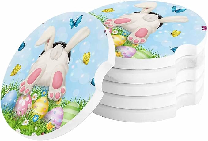 Small Car Coasters for Cup Holders 2.6" Dia Absorbent Coasters Set of 4 Car Interior Accessories for Women Men Watercolor Easter Bunny Butt in Grass Ceramic Car Coaster for Drinks with Finger Grooves