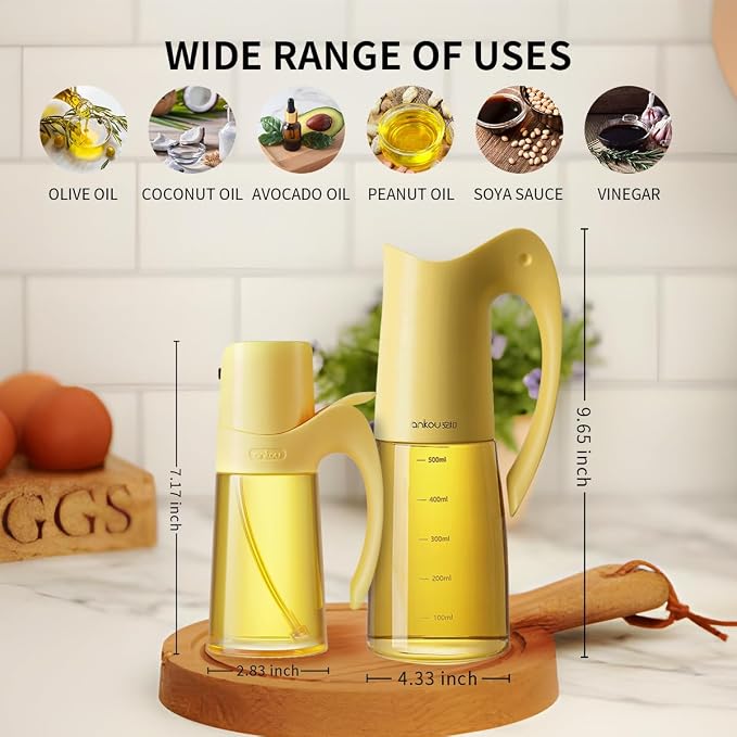 Oil Dispenser and Oil Sprayer for Cooking,10oz/300ml Olive Oil Sprayer for Kitchen,20oz/580ml Oil Dispenser with Auto Flip Cap,Glass Oil and Vinegar Dispenser Spray and Pour for Air Fryer,Salad,BBQ