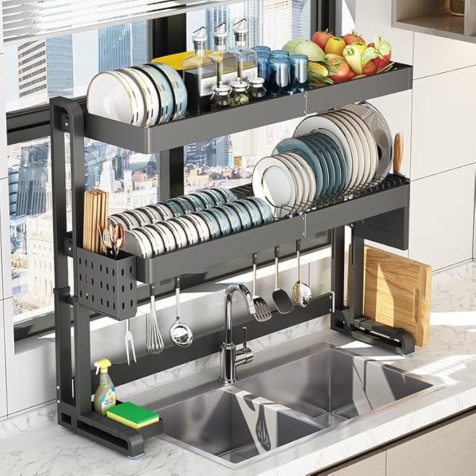 MINGLING Over The Sink Dish Drying Rack, Full Stainless Steel Large Storage Kitchen Dish Rack, 2 Tier Expandable Height and Length, Black 21.5"~37" W x 25"~30" H x 11.8" D