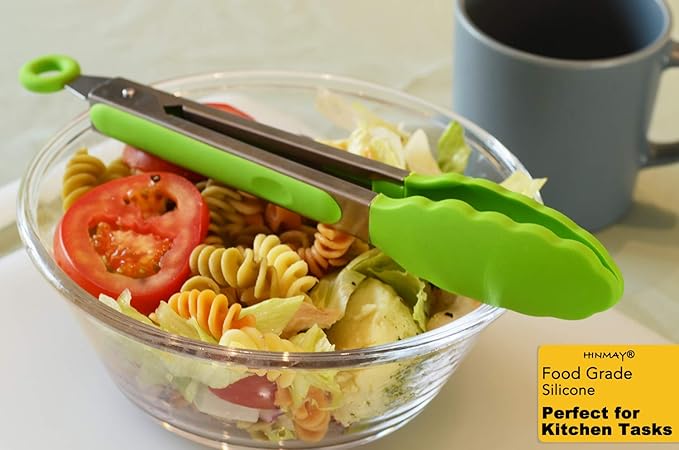HINMAY Silicone Tongs 9-Inch Stainless Steel Locking Kitchen Tongs, Set of 3 (Green)