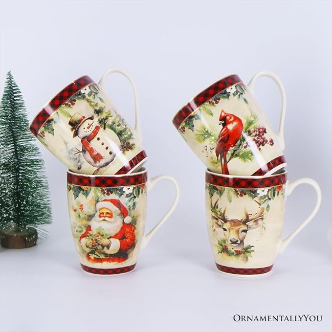 OrnamentallyYou Coffee Mug Holiday Kitchen Drinkware, Multiple Designs Available (Festive Country Plaid Set of 4 Ceramic Mugs)