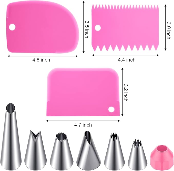 Patelai Cake Decorating Syringe Set, Stainless Steels Dessert Frosting Piping Kit with 6 Icing Piping Tips 3 Cream Scraper for Cupcake Decorating Tools(Pink)
