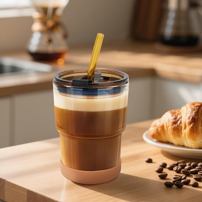 13 Oz Glass Cups with Lids and Straws, Reusable Iced Coffee Water Tumblers, Sealed Carry-On Thick Wall Drinking Cups for Cold Brew, Smoothie, Juice (2 Pack-Aurora,Black)