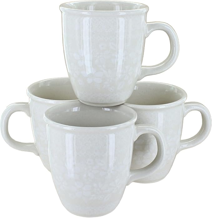 Blue Rose Polish Pottery - Off-white White Lace 4 Piece Mug Set - 4 8 oz Mugs - Great Mug Set for Entertaining Guests