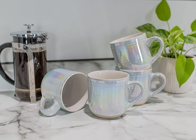 Elanze Designs Glossy Reactive Glaze Large 17 Fluid Ounce Everyday Kitchen Food Grade Ceramic Stoneware Coffee Mug Cup with Comfort Curved Handles, Set of 4, White
