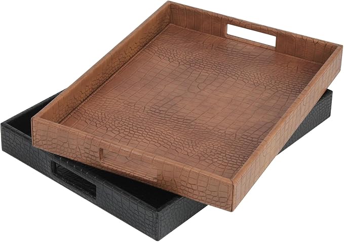 HofferRuffer Rectangle Serving Tray with Hole Handles for Coffee Table, Breakfast, Tea, Food, Butler - Countertop, Kitchen, Vanity Serve Tray, 16.2 x 12.2 x 2 inches, Faux Leather (Antique Brown)