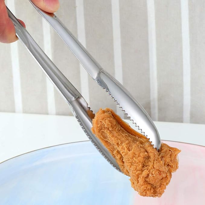 Stainless Steel Cooking Tongs for Frying, 9 Inches Serving Tongs Appetizers Charcuterie with Teeth for Parties, Food Tongs Kitchen Tongs for Nonstick Cookware, Set of 2 (Silver)