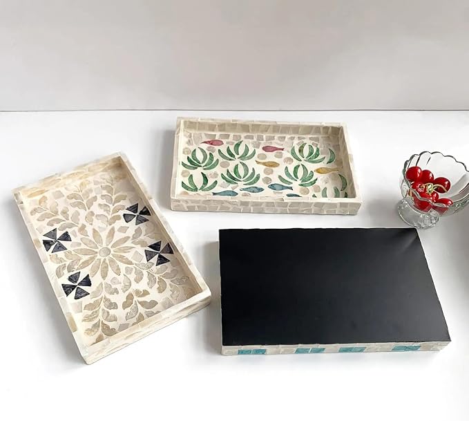 Mother of Pearl Inlay Wooden Tray – Handmade Decorative Rectangle Serving Tray for Coffee Table, Kitchen, Bathroom, Vanity or Living Room Decor (Vintage Hearts)