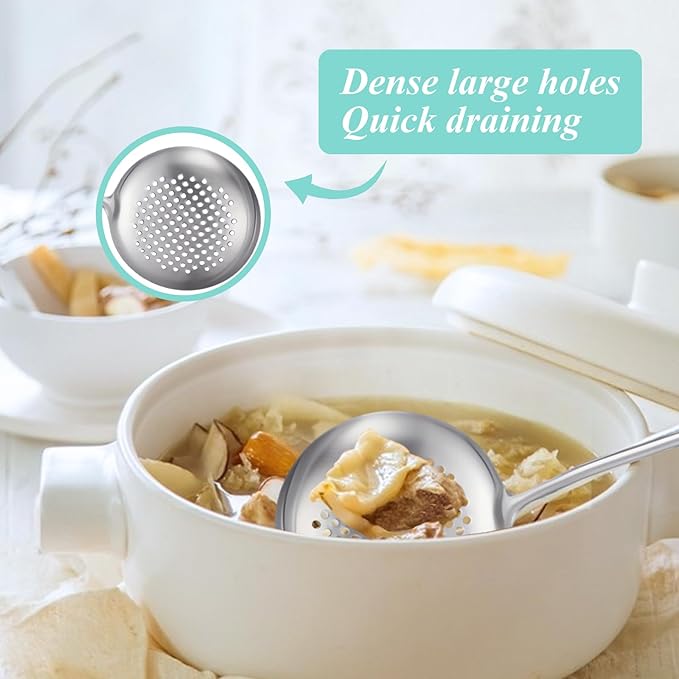 Soup Ladle and Slotted Spoon Set of 2, Metal 316 Stainless Steel Kitchen Ladles Food Strainer, Large Cooking Ladel and Fryer Scoop Kitchen Utensil Set for Stirring Serving Draining Frying