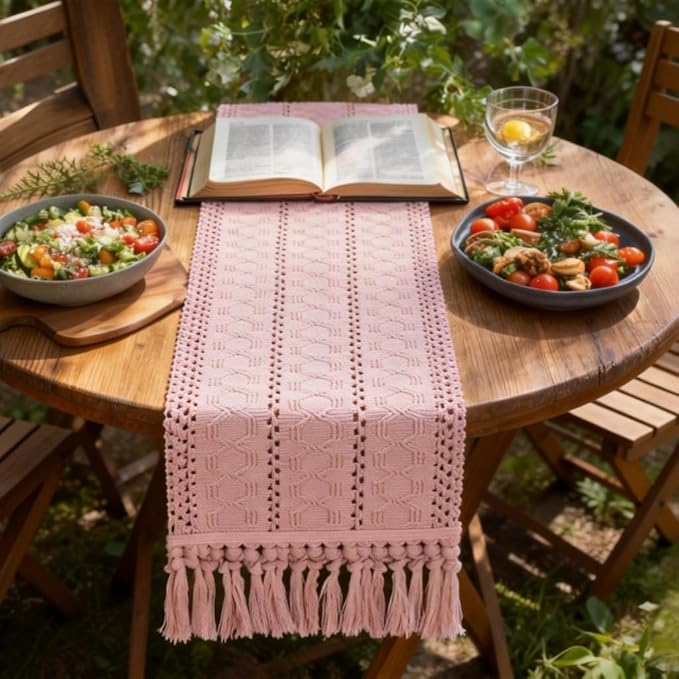 Socomi Boho Table Runner Summer Farmhouse Rustic Dining Kitchen Centerpiece Decor Small Macrame Woven Cotton Linen Coffee Table Runner for Dresser Scarf Home Decor 12x48 in Pink