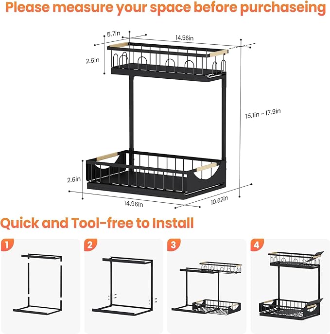 2 Pack 2 Tier Under Sink Organizer and Storage for Bathroom and Kitchen - Under Cabinet Pull Out Shelf Organizers - Sliding Out Drawer Organization for Home Cabinets Shelves and Drawers