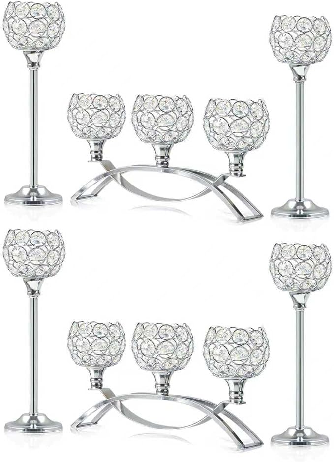 Crystal Tealight Candle Holder Centerpiece Home Decorative Candlestick Holder Elegant Table Centerpiece Home Decor Wedding Party Anniversary (Silver, Set of 6)