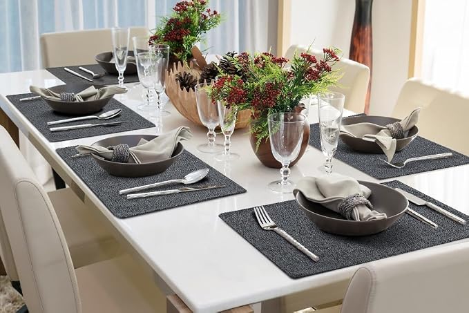 homing Faux Cotton Linen Placemats Set of 4, Cloth Washable Farmhouse Dining Table Mats for Indoors & Outdoors, Easy to Clean, Charcoal, 13 x 19 Inch
