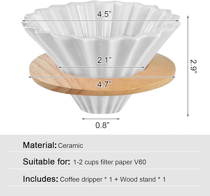 Ceramic Coffee Dripper with Wood Cup Stand Pour Over Coffee Maker Elegant Flower-shape V60 Strainer for 1-2 Cups Slow Brewing Accessories for Home Coffee Shops Restaurants White