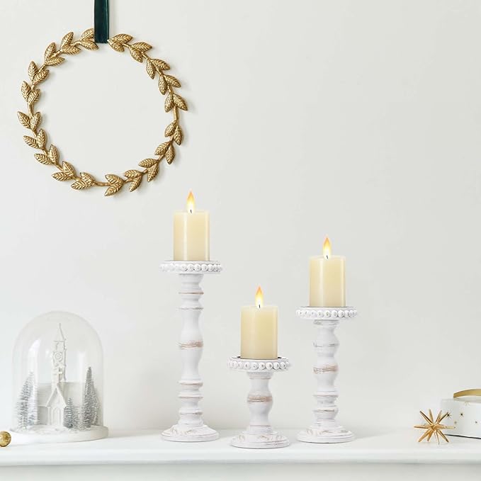 Mumufy 3 Pcs Candle Holders for Pillar Candles Rustic Farmhouse Home Decor Decorative Washed Beaded White Black Wood Candle Holder Country Style for Table Mantel Fireplace Wedding(White,Large)