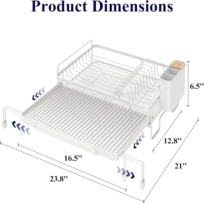 Kitsure Extendable Dish Drying Rack - Adjustable Length 12.8"–21.0", Auto-Draining Dish Rack for Kitchen Counter, Rust-Resistant Metal Frame Over-Sink Support for Plates, Bowls & Utensils, White
