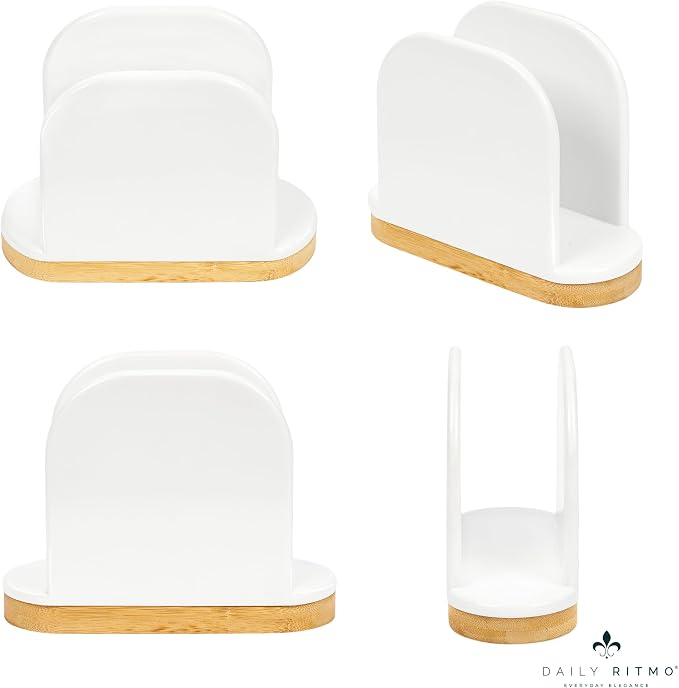 DAILY RITMO® White Standing Napkin Holder with Bamboo Bottom | Extended Weighted Base Vertical Design for Large Disposable Guest Towels & Paper Napkins | Modern Ceramic-Like Resin