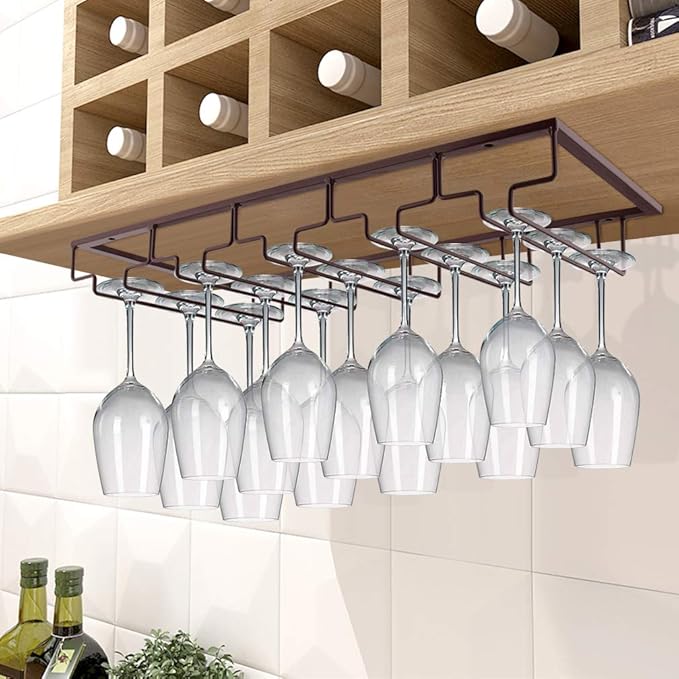MOCOUM Wine Glasses Rack Under Cabinet Stemware Rack, Wine Glass Hanger Rack Wire Wine Glass Holder Storage Hanger for Cabinet Kitchen Bar (Brown, 5 Rows 1 Pack)