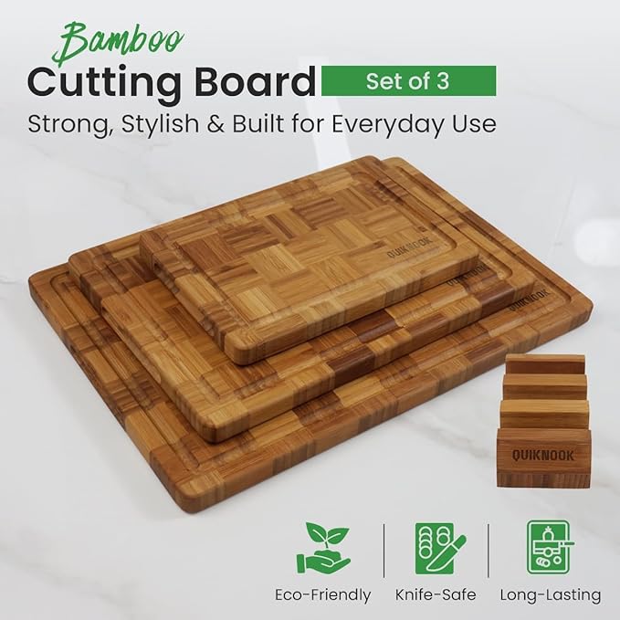 Pack of 3 Pre-Oiled Bamboo Cutting Board Set with holder | Extra Thick End Grain Bamboo Wooden Cutting Board for kitchen with Deep Juice Grooves | Non Toxic Chopping Board Set with Build-in Handles