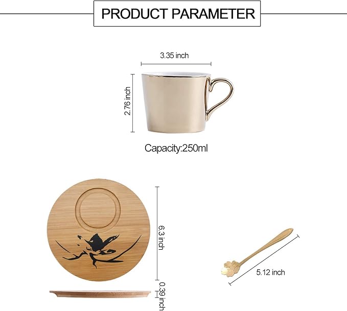 Mirror Cup and Saucer Set Cappuccino Cups Set of 2 Ceramic Gold Animal Espresso Cups with Saucers and Spoons 8 Ounce Tea Coffee Cup with Wood Saucer, Set of 2, Golden Best Gift